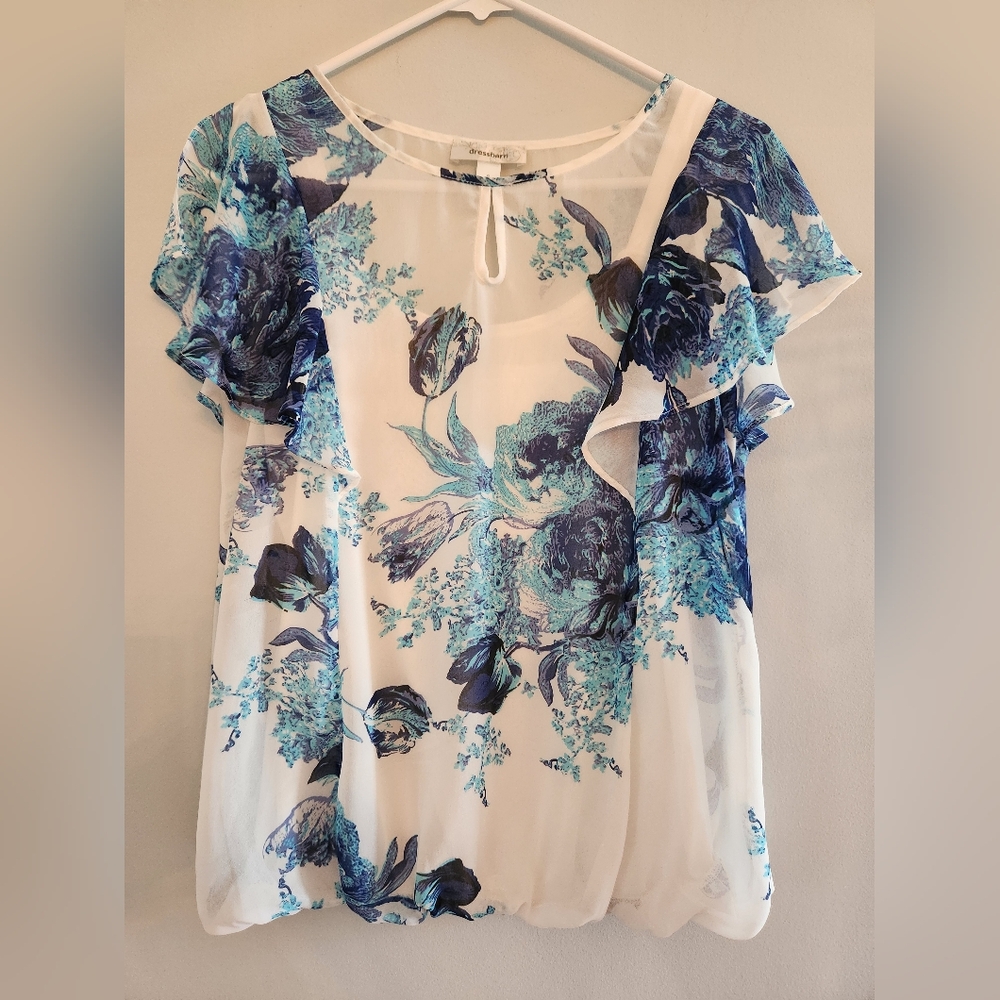 (4 For $20)Dress Barn Ladies Blouse Blue White    Floral pattern.   Size S